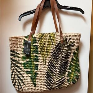 INC Woven Tote Bag with Green and Brown Leaf Design